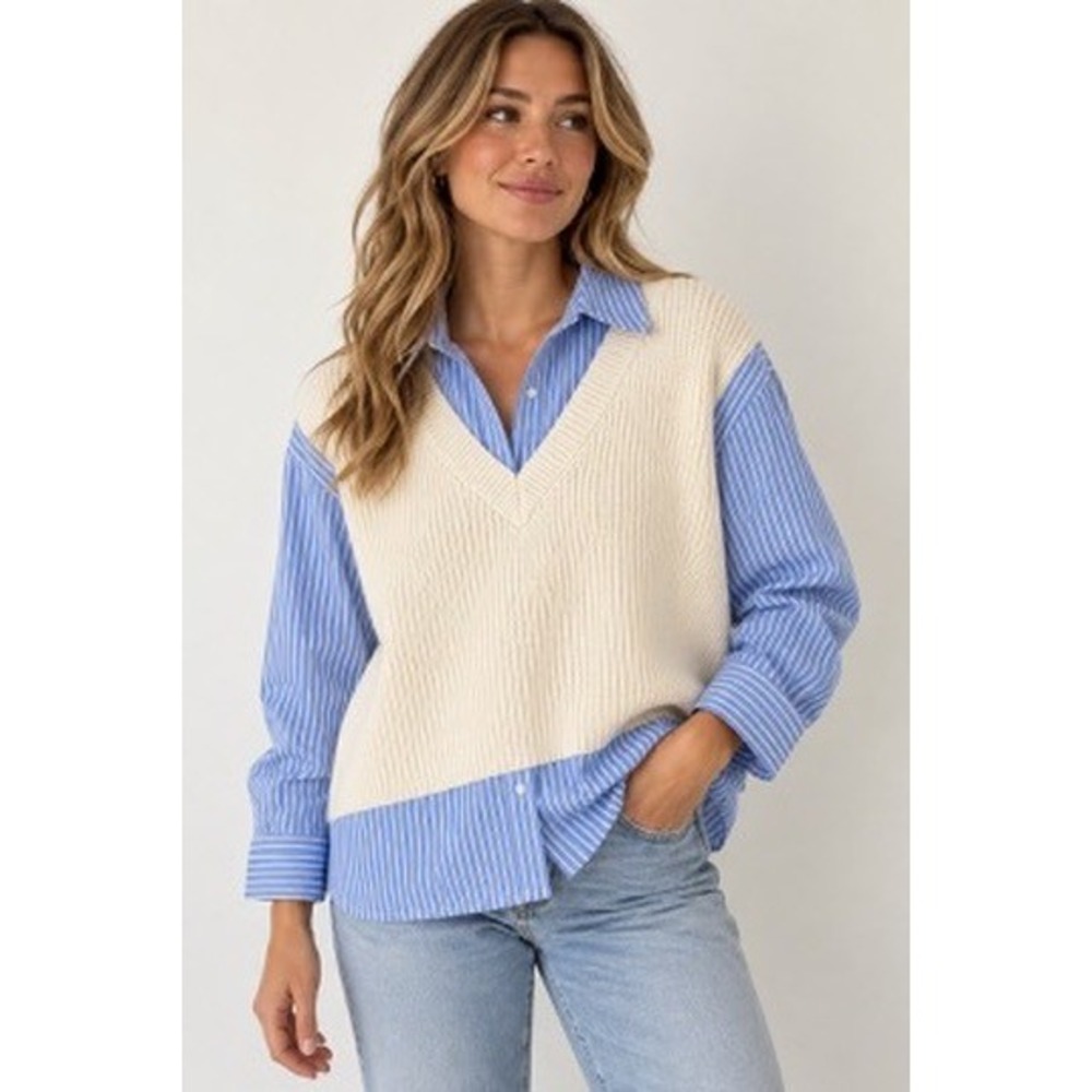 Zara Womens 2-in-1 Striped Shirt Cream Ribbed Sweater Vest Combo Top S Blue